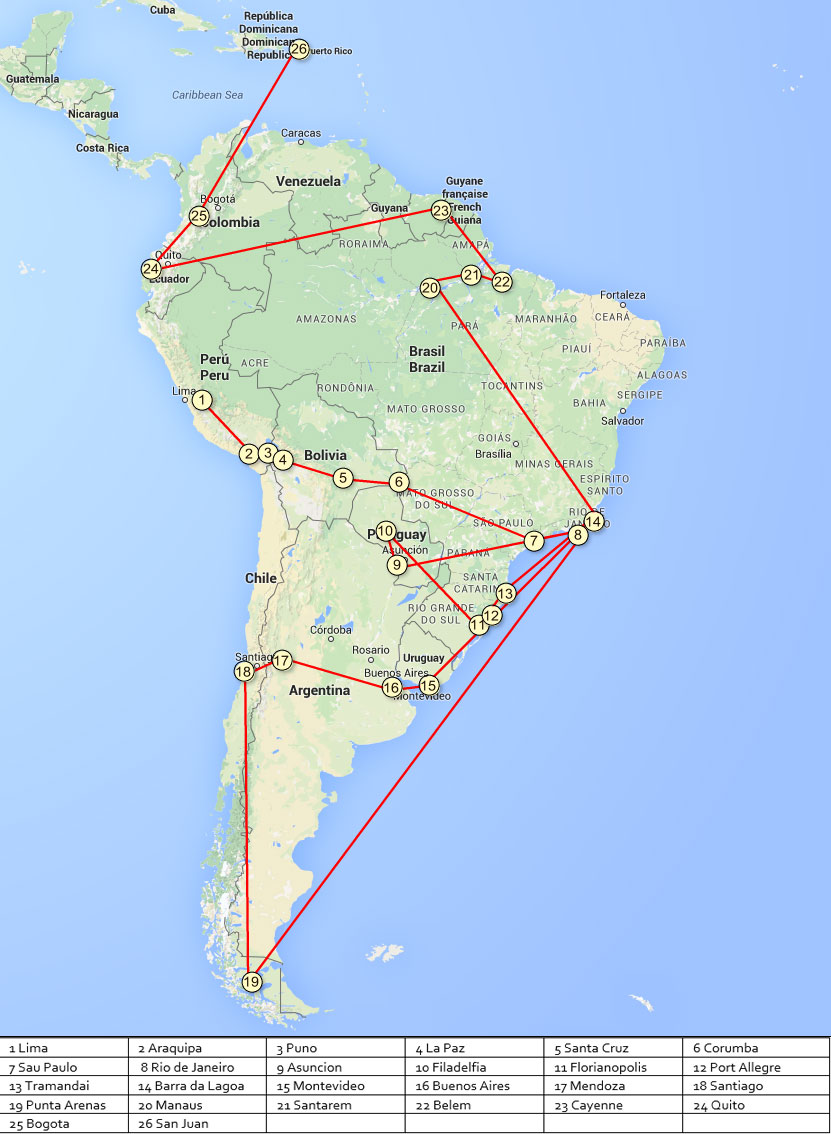 Kart over reiseruten i Sør-Amerika